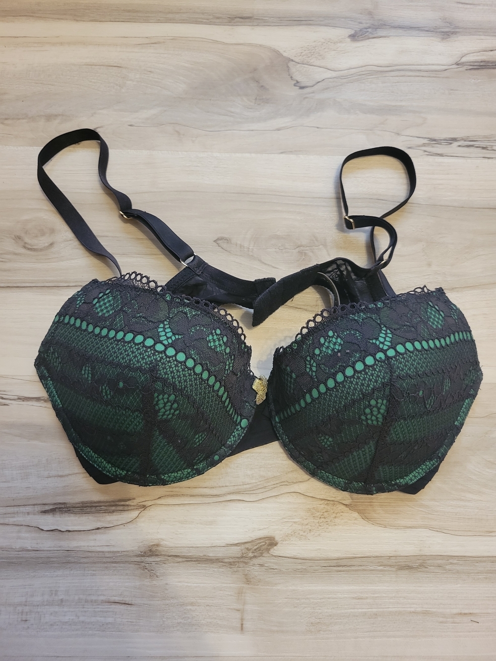 Adore Me Black Lace Push-Up Bra And Panty with Emerald Green Lining